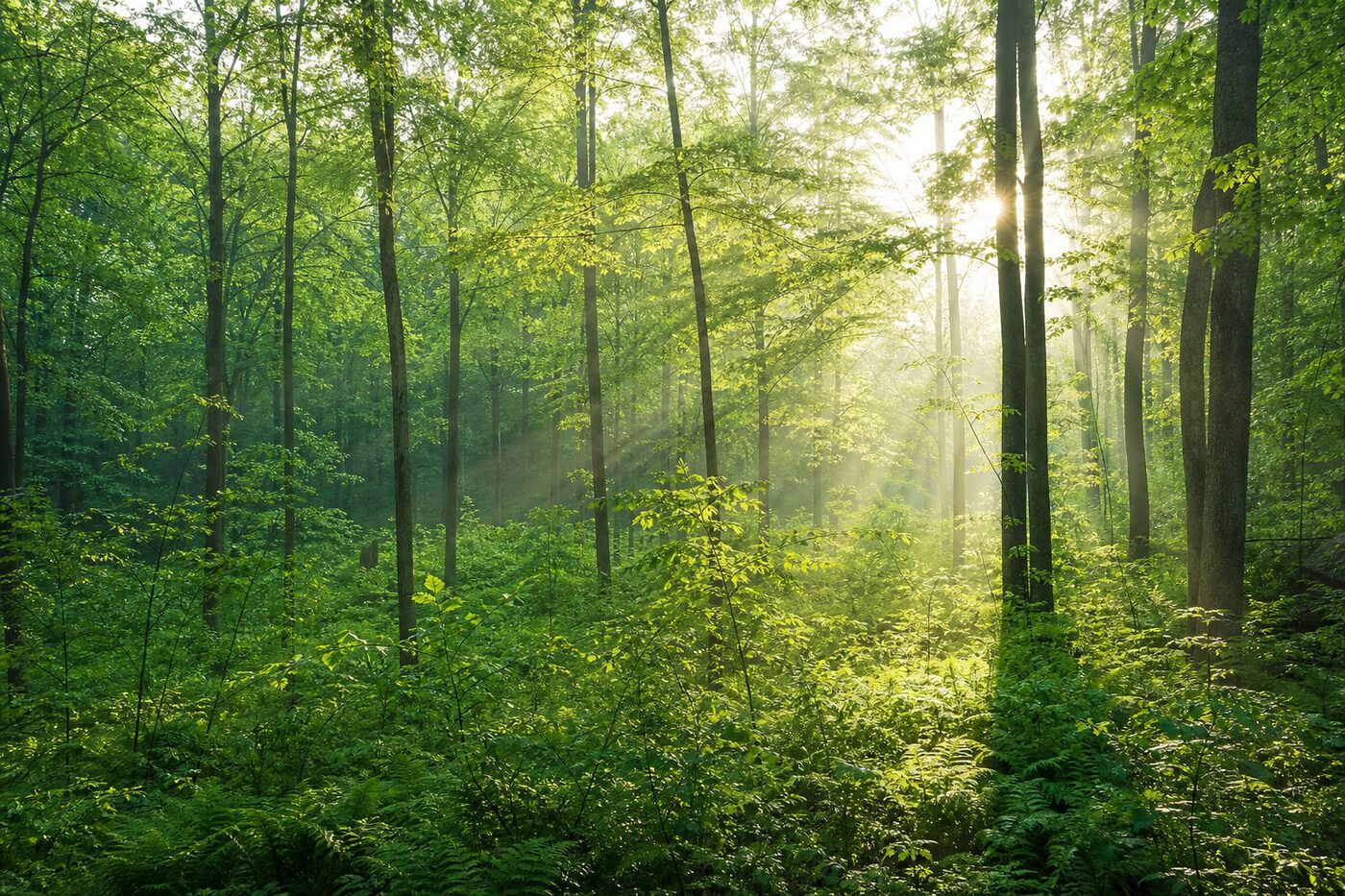 Grüner Wald mit jungen Bäumen — Symbol für nachhaltige E-Mail